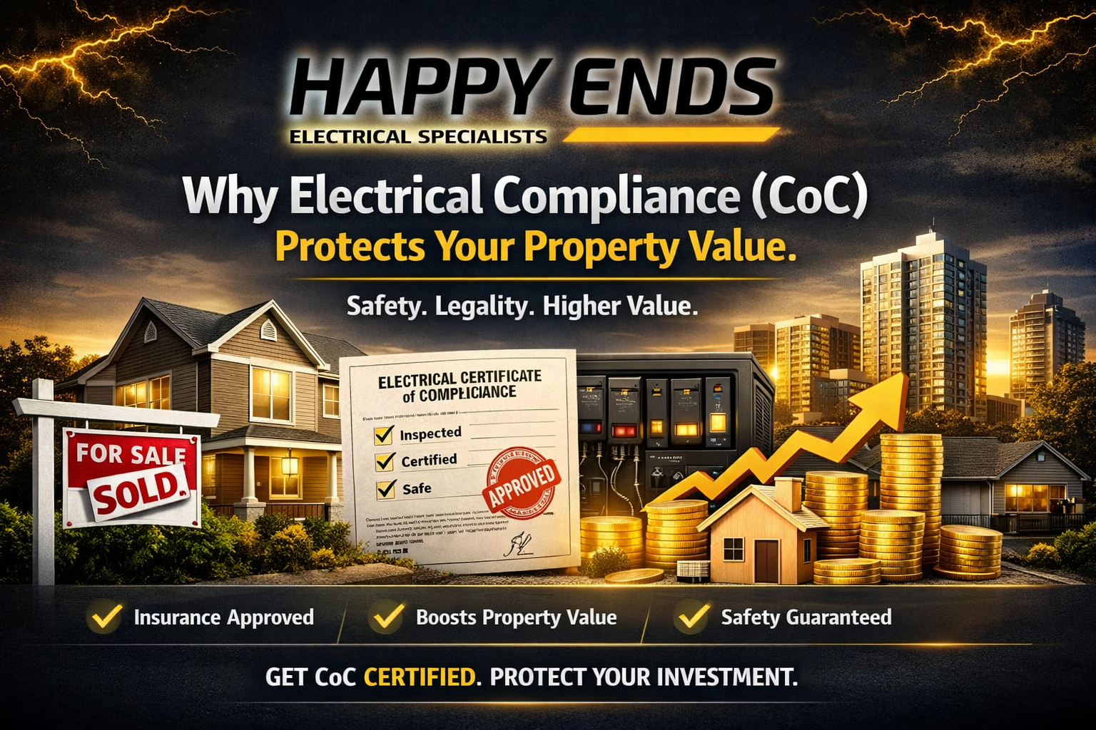Landscape blog poster for Happy Ends Electrical Specialists showing the logo, electrical compliance certificate, and property value visuals with the headline “Why Electrical Compliance (CoC) Protects Your Property Value.”